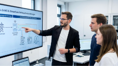 Christopher Wilmes in einer technischen Führungssituation mit Team und digitalem Fachinhalt